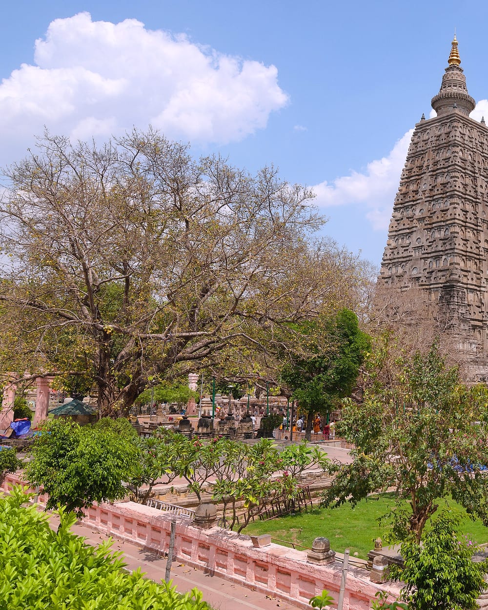 The tall brick spire of the Mahabodhi Temple above its gardens and votive stupas at Bodh Gaya.