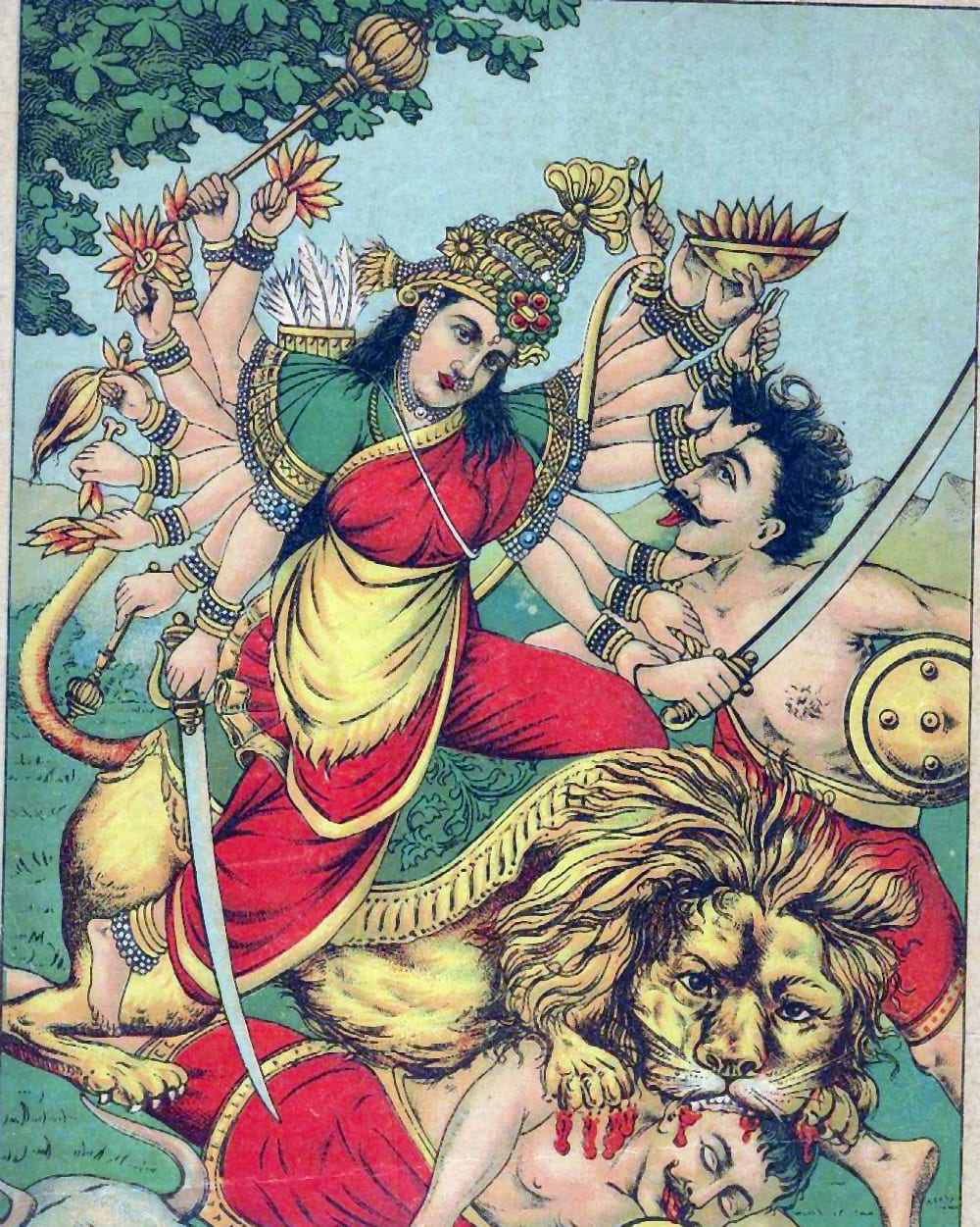 Goddess Durga on her lion, many-armed with weapons, subduing the buffalo demon Mahishasura — a Ravi Varma Press print.
