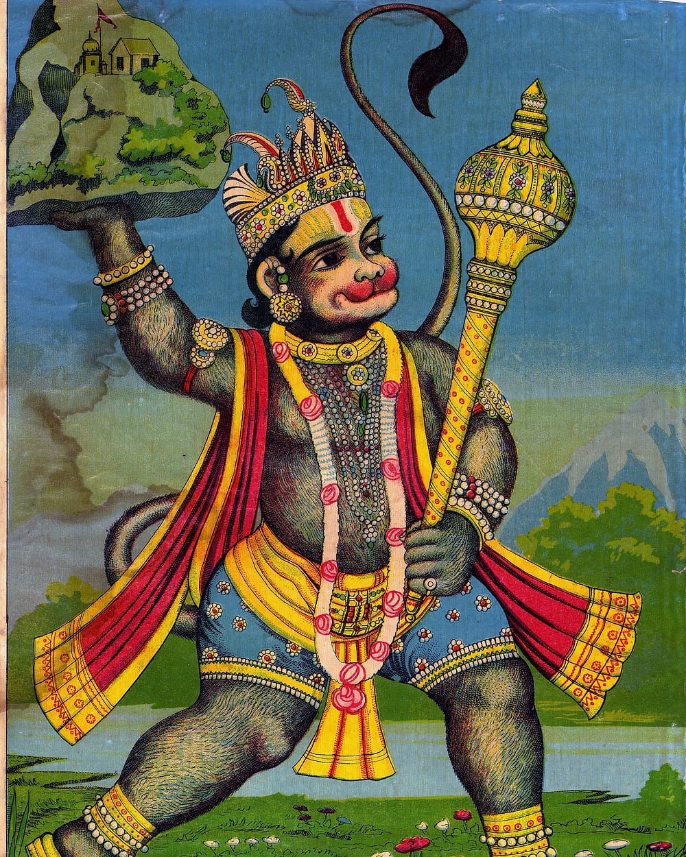 Hanuman striding forward with the Sanjeevani mountain held aloft in one hand and his mace in the other — a Ravi Varma Press print.