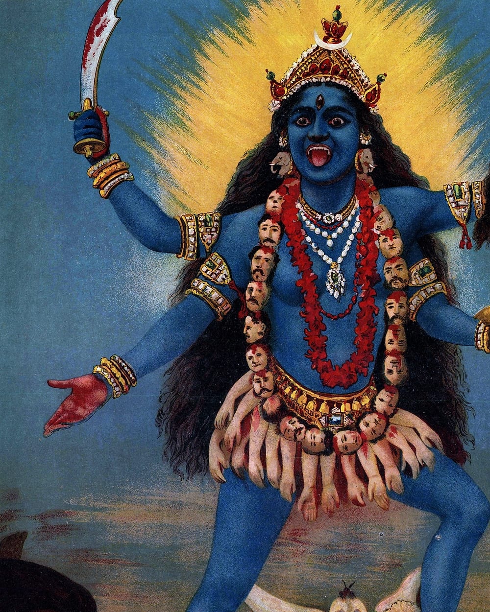 Goddess Kali, dark-skinned with flowing hair and a garland, sword raised, standing over the reclining Shiva — a Ravi Varma Press print.
