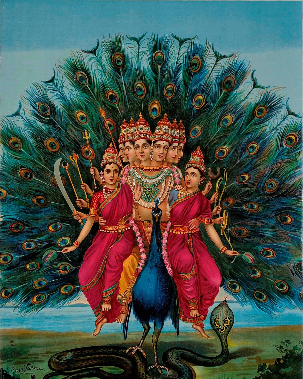 Six-faced Kartikeya (Murugan) seated on his peacock with Valli and Devasena, the peacock's tail fanned behind — a Raja Ravi Varma print.