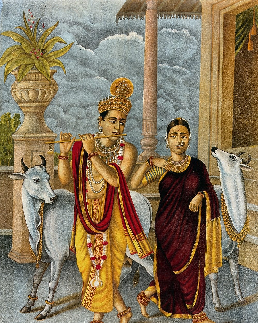Krishna in a golden dhoti playing the flute beside Radha, two white cows behind them and palace pillars in the background — an 1897 chromolithograph.