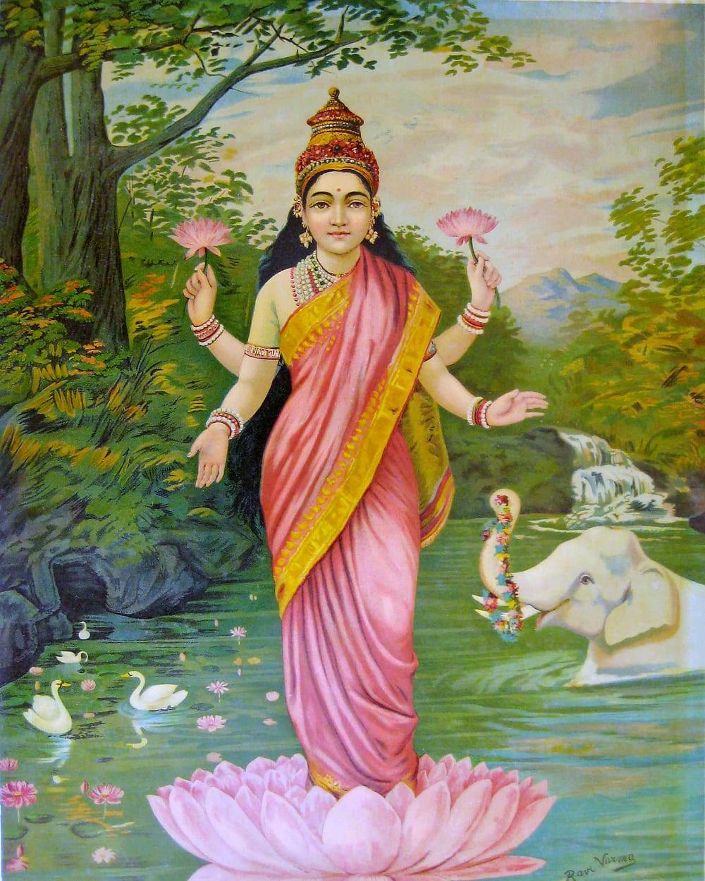 Goddess Lakshmi standing on a pink lotus in a forest pool, four-armed, holding lotuses, with a white elephant and swans — a Raja Ravi Varma painting.