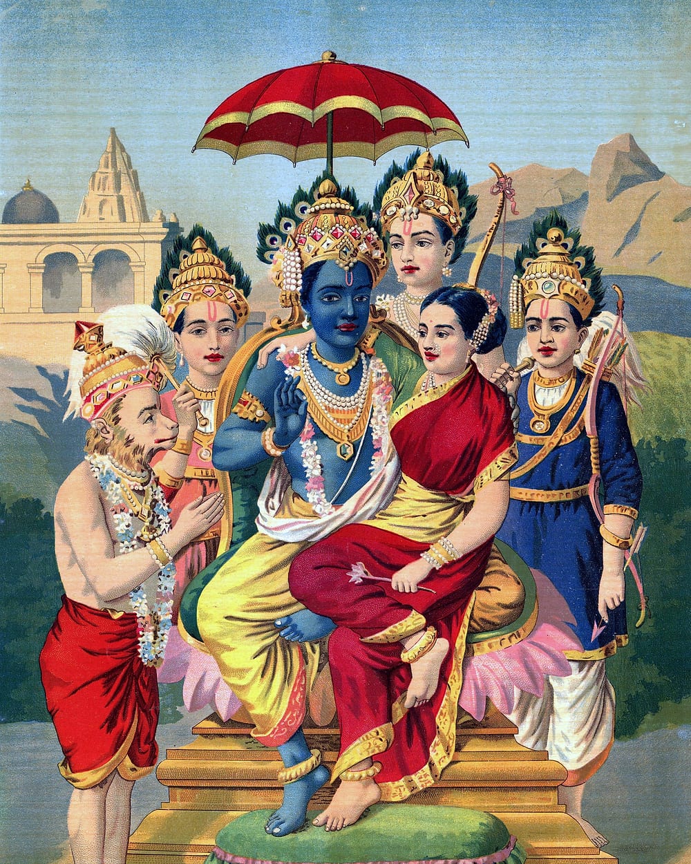 Rama enthroned with Sita, flanked by Lakshmana, Bharata and Shatrughna, Hanuman kneeling at his feet — a Raja Ravi Varma lithograph.
