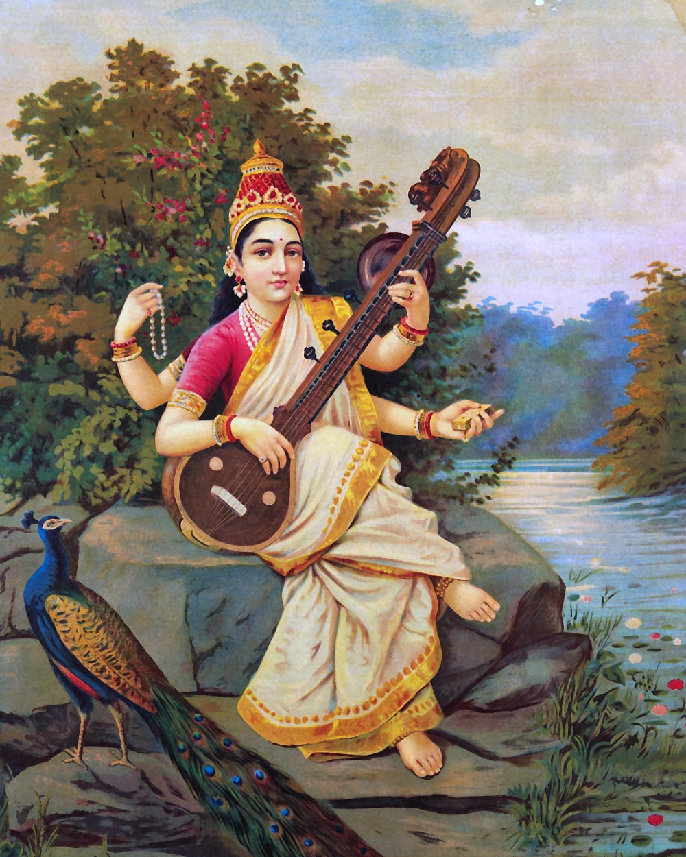 Goddess Saraswati seated on a rock by a river, playing the veena, a peacock beside her — a Raja Ravi Varma painting.