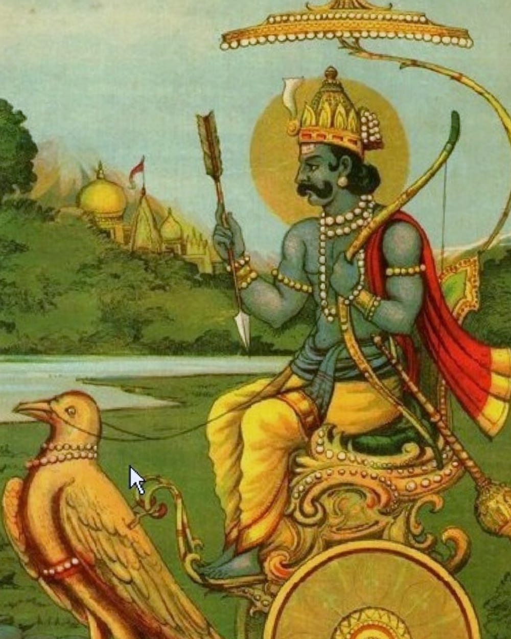 Blue-skinned Shani, crowned and haloed, seated on a golden chariot with a bow, the chariot drawn by a crow.