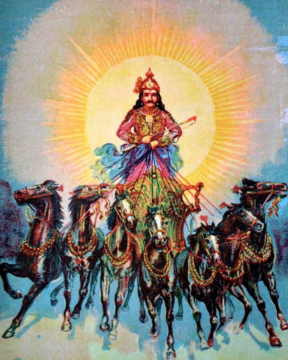 Surya the sun god crowned within a blazing halo, riding his chariot drawn by seven horses across the sky — an early Ravi Varma Press lithograph.