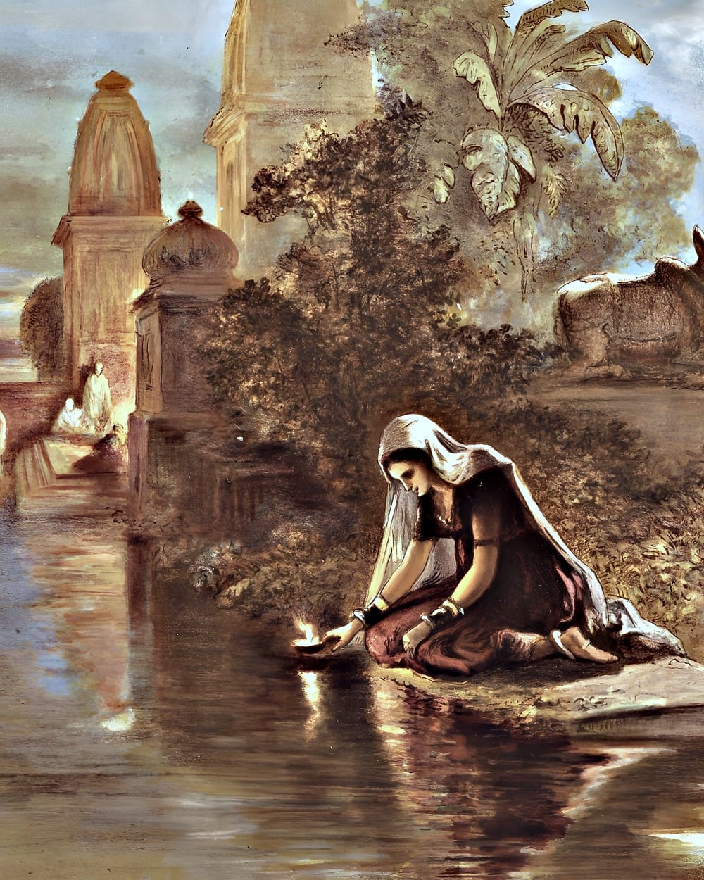 A painting: a woman kneels at the water's edge to set a small lamp afloat on the Ganges by moonlight, a cow resting behind her.
