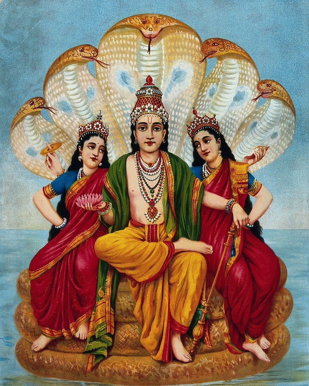 Vishnu seated on the coils of the serpent Shesha, whose hoods rise behind him, with his two consorts on either side over the waters — a chromolithograph after Raja Ravi Varma.