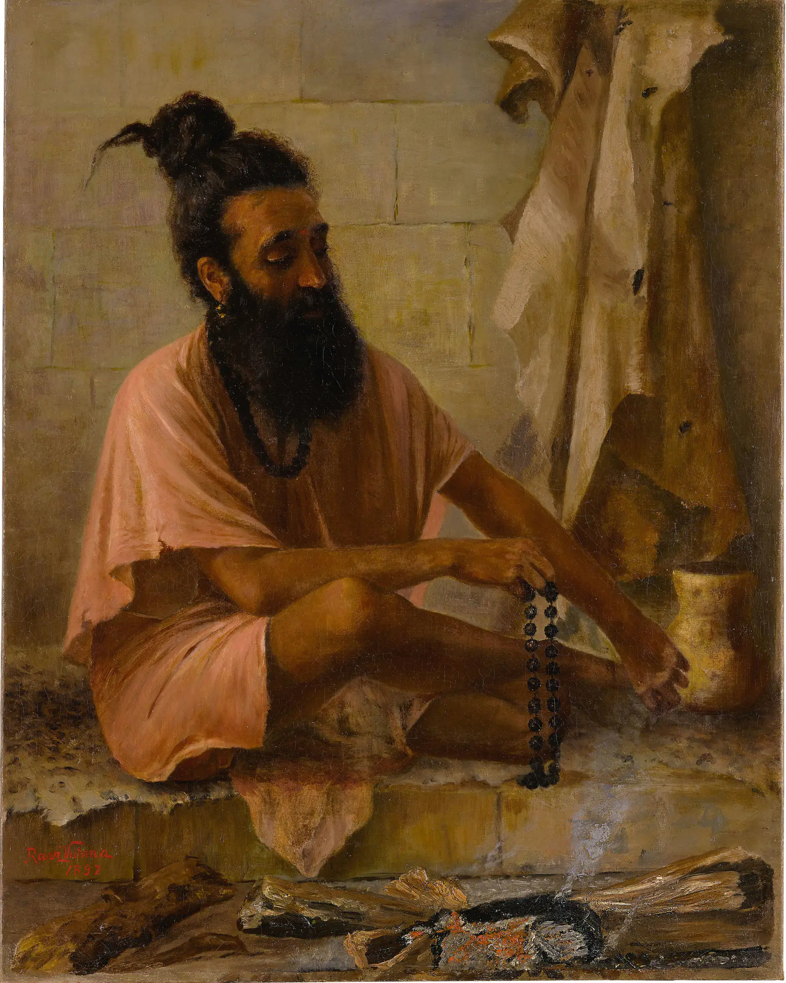 A bearded sage in a saffron cloth sits cross-legged before a small fire, a mala of dark beads passing through his fingers